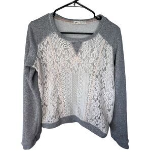 Jolt Grey, Beige, and Pink Long Sleeve Crewneck With Lace Front